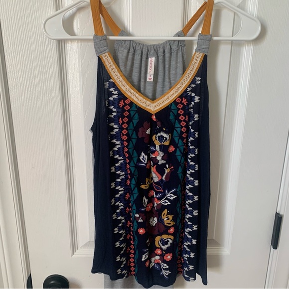 Xhilaration Tops - Women’s Xhilaration Small BohemianTank Top Navy Blue w/Flowers